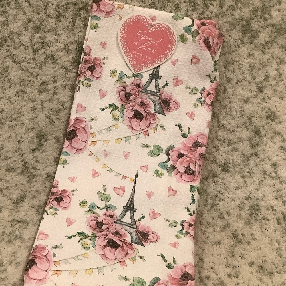 Valentines Day Floral Eiffel Tower Designer Kitchen Towels Set of 2 NWT Cotton